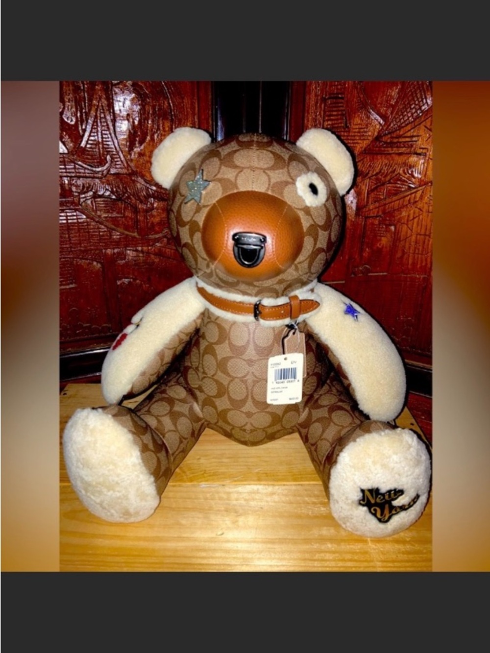 Coach Brown & Cream Signature Monogram Bear Plush with Leather Snout